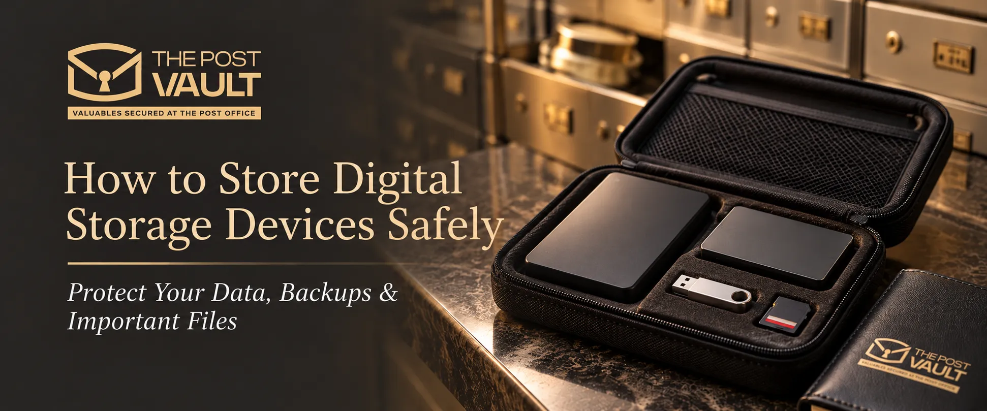 External hard drive, SSD, USB flash drive and memory card in a protective case, illustrating safe digital storage and backup protection.