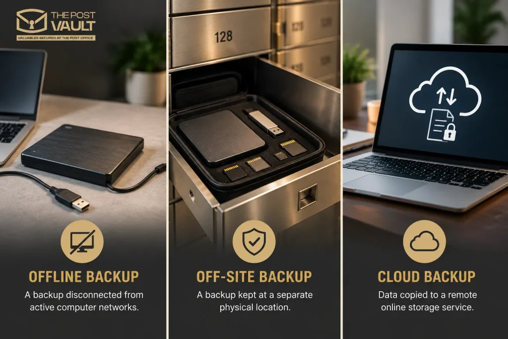 Comparison of offline, off-site and cloud backups, showing a disconnected external hard drive, digital devices stored in a safe deposit box and encrypted cloud storage.