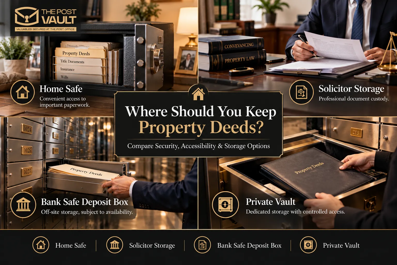 Four ways to store property deeds safely in the UK, including a home safe, solicitor storage, bank safe deposit box and private vault, with secure document storage options at The Post Vault.