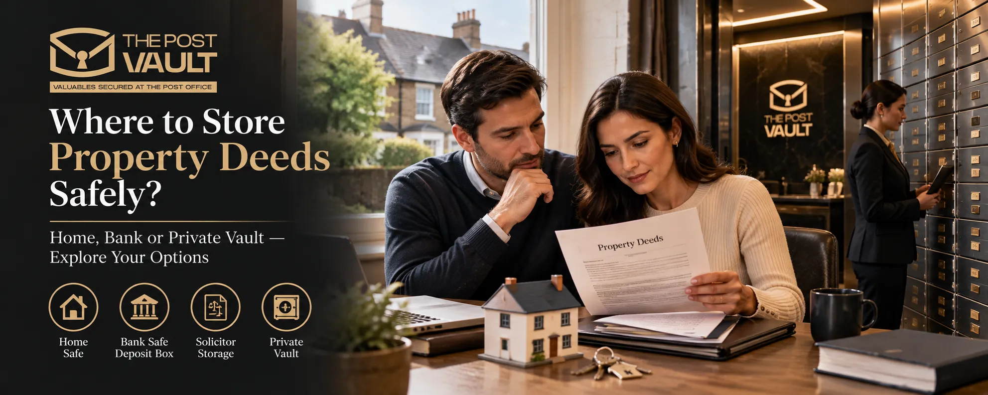 UK homeowners reviewing property deeds and title documents, with a secure private vault at The Post Vault in the background, highlighting home, bank, solicitor and private vault storage options.